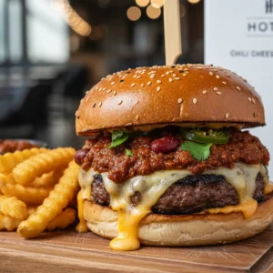Chilli cheese burger with spicy cheese sauce