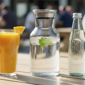 Mango juice, water, and mineral water assorted drinks